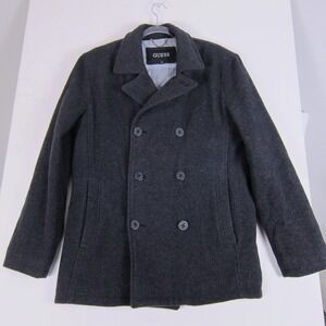 Guess PeaCoat Mens M Grey Wool Blend Double Breasted Wool Blend READ*